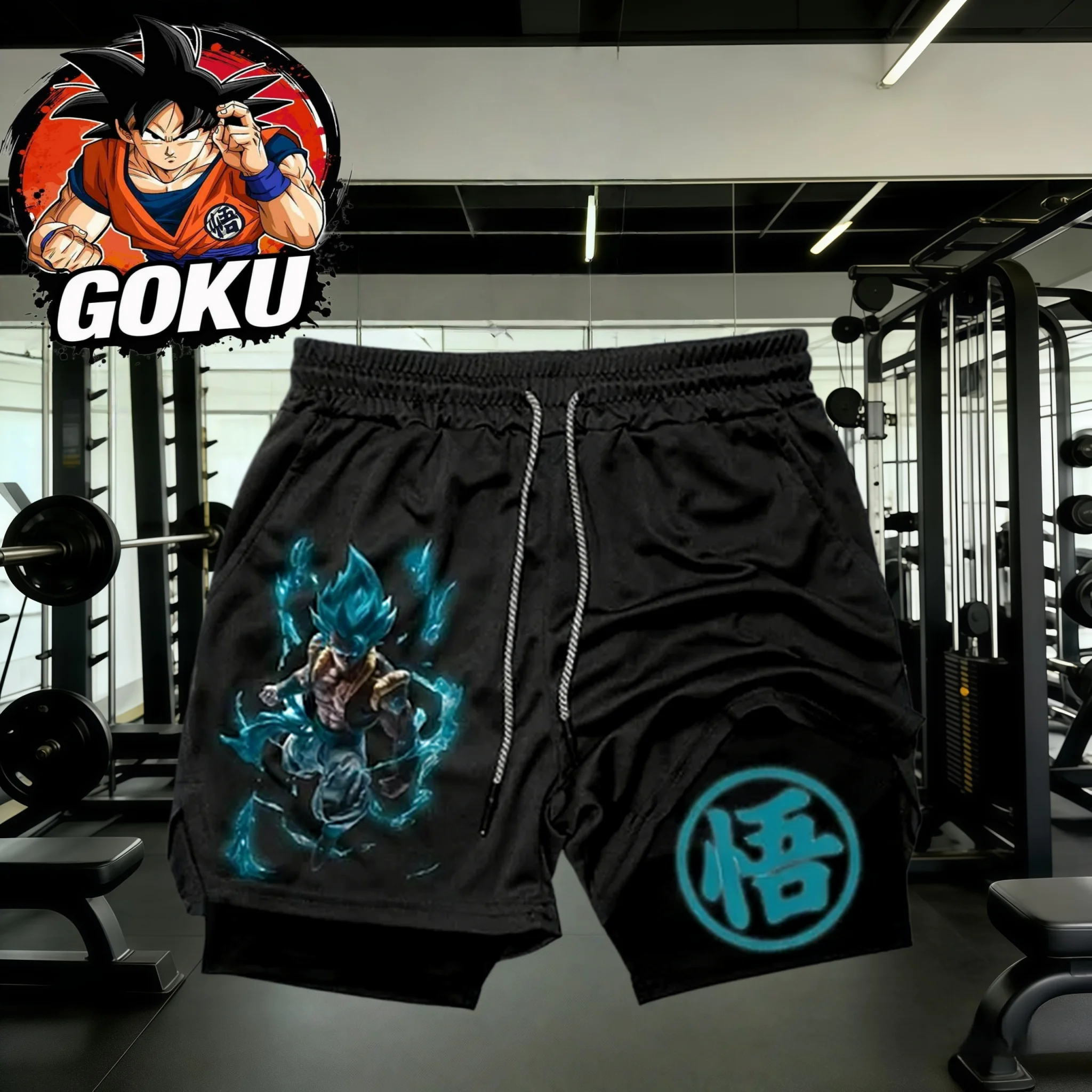 

2026 Summer Dragon Ball Super Saiyan Blue Goku & "Go" Kanji 2-in-1 Gym Shorts Oversized Breathable Fitness Retro Streetwear Uni
