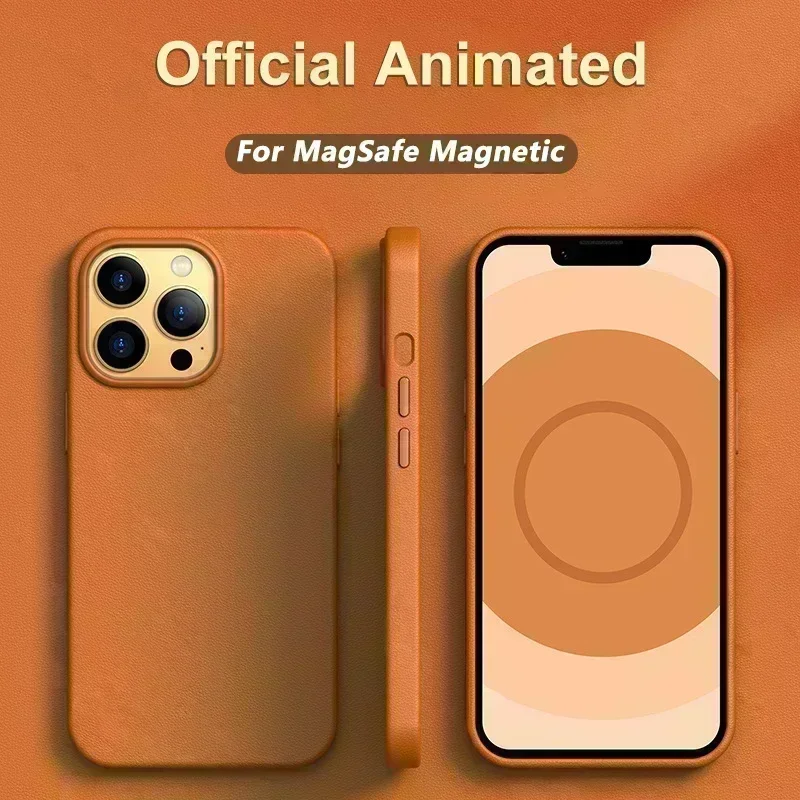 

With Official Animation For Magsafe Leather Magnetic Case For iPhone 13 14 Pro Max Mini Plus Shockproof Phone Cases Accessories