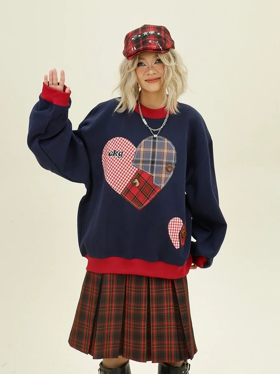 Plaid Love Crew Neck Sweatshirts Women's 2024 Autumn New Loose Bf American College Trendy Brand Top