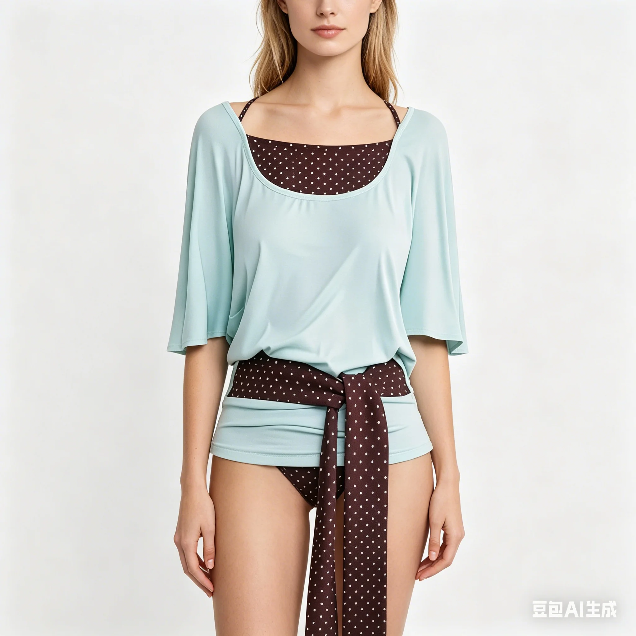 Y2K Polka Dot Layered T-Shirt | Mint Green 3/4 Sleeve Top with Brown Dot Camisole & Sash Sweet Women American Casual Streetwear