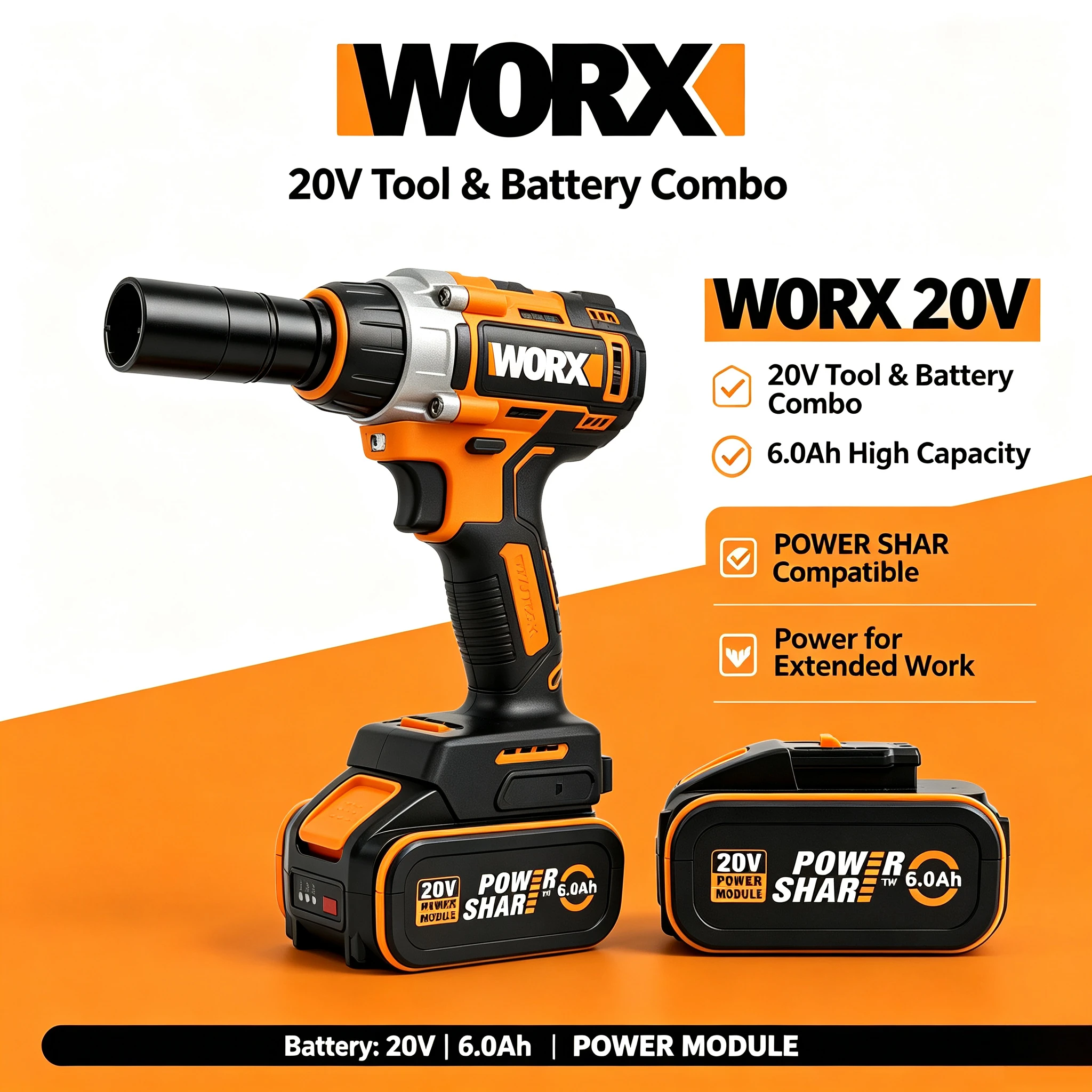 NEW WORX 20V 6.0Ah 4Pin Li-ion Battery WA3553 Rechargeable Power with Smart Chip for WORX WX523 WX372 Electric Tools Work