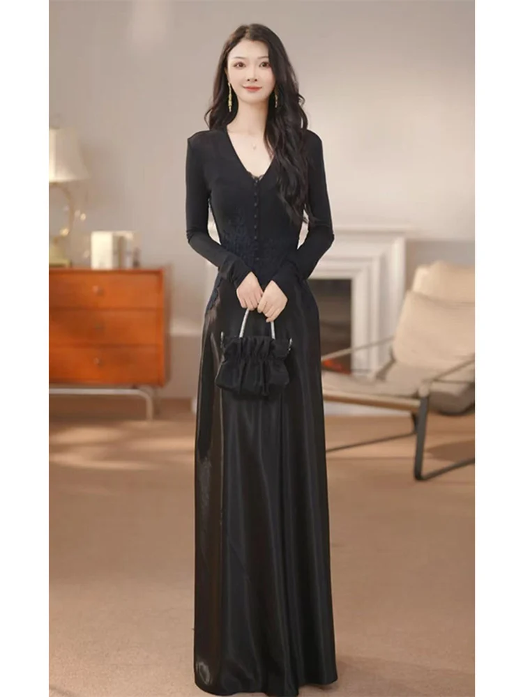 Ele الساتان طويل الدكتور للنساء عالية الخصر ألف خط صورة ظلية V-Ne عادية Ocn الفرنسية Sle ألياف البوليستر طويلة Sve