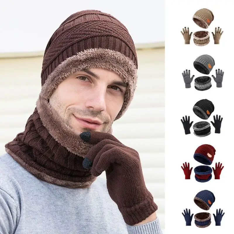 Touch Screen Gloves Circle Scarf Winter Hat Scarf Gloves Knit Skull Cap Scarf Set For Men Warm Slouchy Beanie Snow Kit