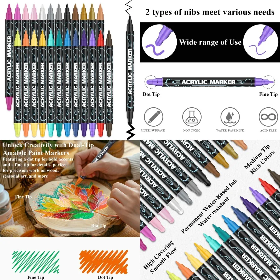 

24-цветный набор маркеров для акриловой краски с двойным наконечником, тонкая точка для наскальной живописи, дерева, холста, дизайна, украшение из камня, стекло