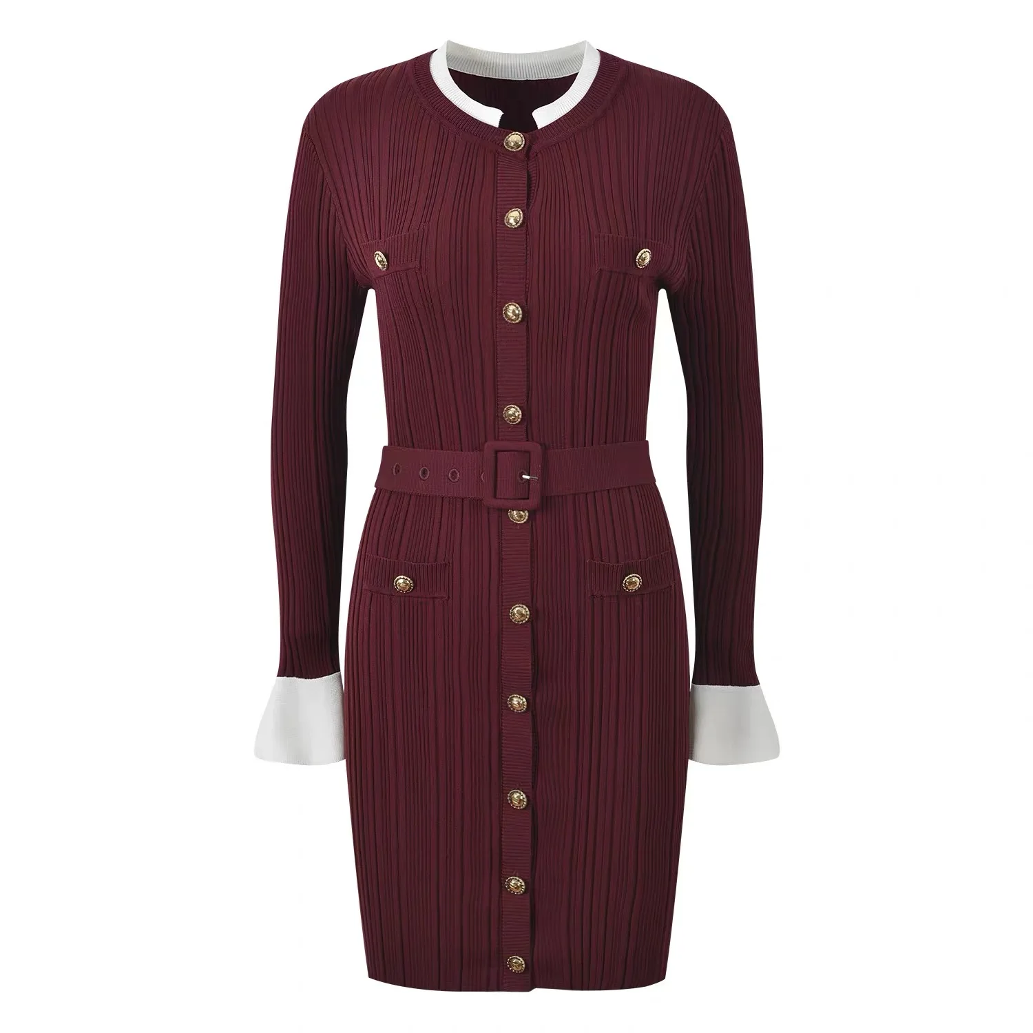 Mulheres mangas largas de malha mini vestido cintura cinched moda temperamento senhora vestido