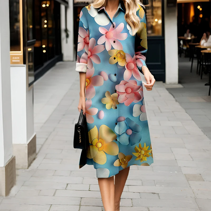 봄/여름 여성 셔츠 드레스 3D 프린트 칼라 루즈 버튼업 드레스 캐주얼 엘레강트 롱 드레스 일상 다용도 선택