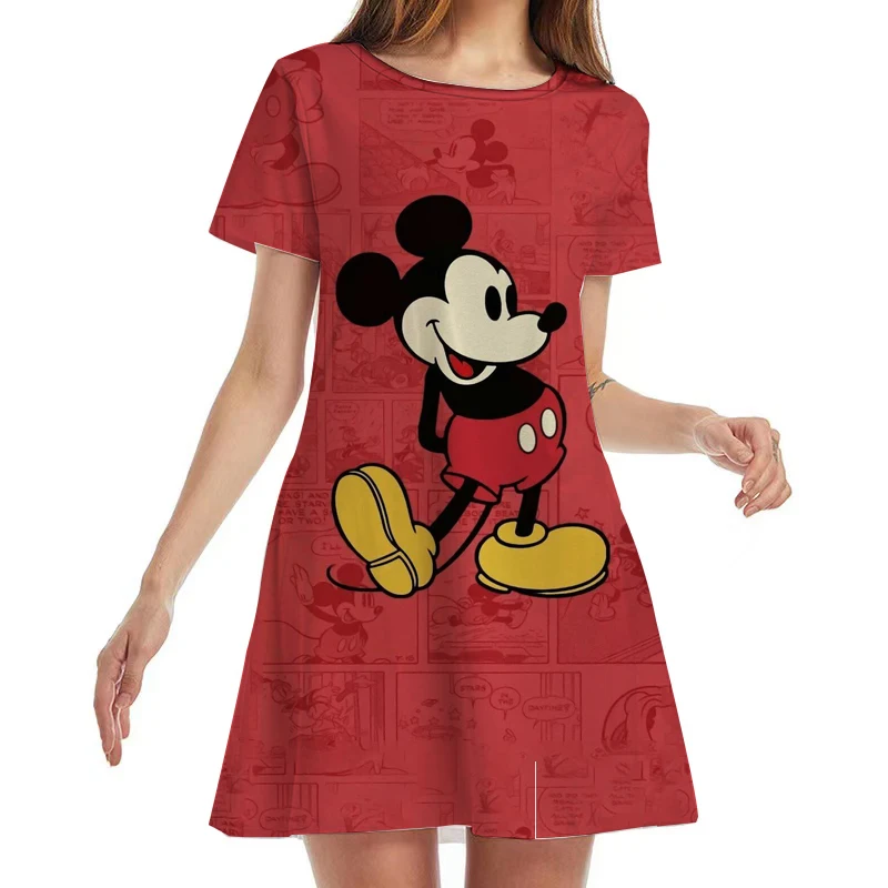 Vestido corto holgado de manga corta con cuello redondo para mujer, minivestido bohemio informal con estampado de Disney Stitch y Mickey y Minnie