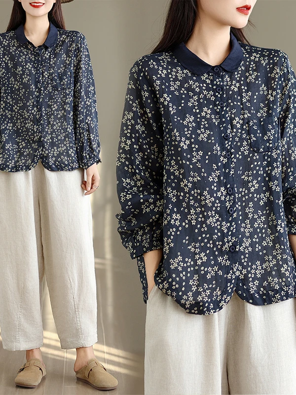 

Retro Feel Floral Print Long Sleeve Women's Shirt Fashionable Loose Fit Breathable Casual Print Autumn Top Chinese Brand