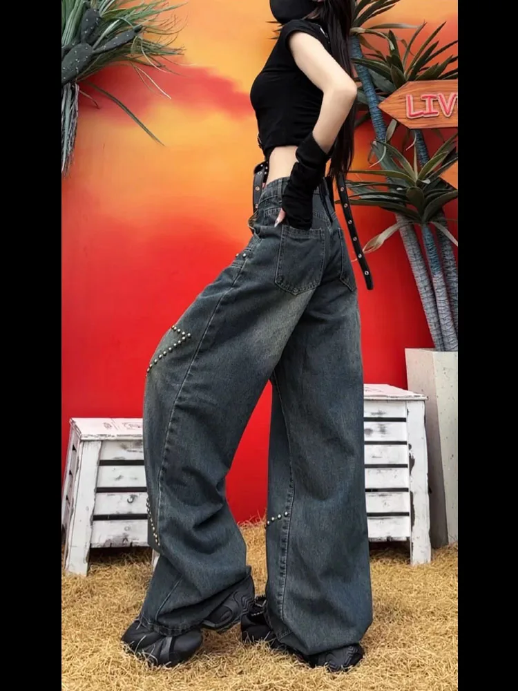 Fashion Jeans for Women 2024 Spring Clothes New American Style Loose Slimming Retro Streetwear Ladies Wide-Leg Pants All-match