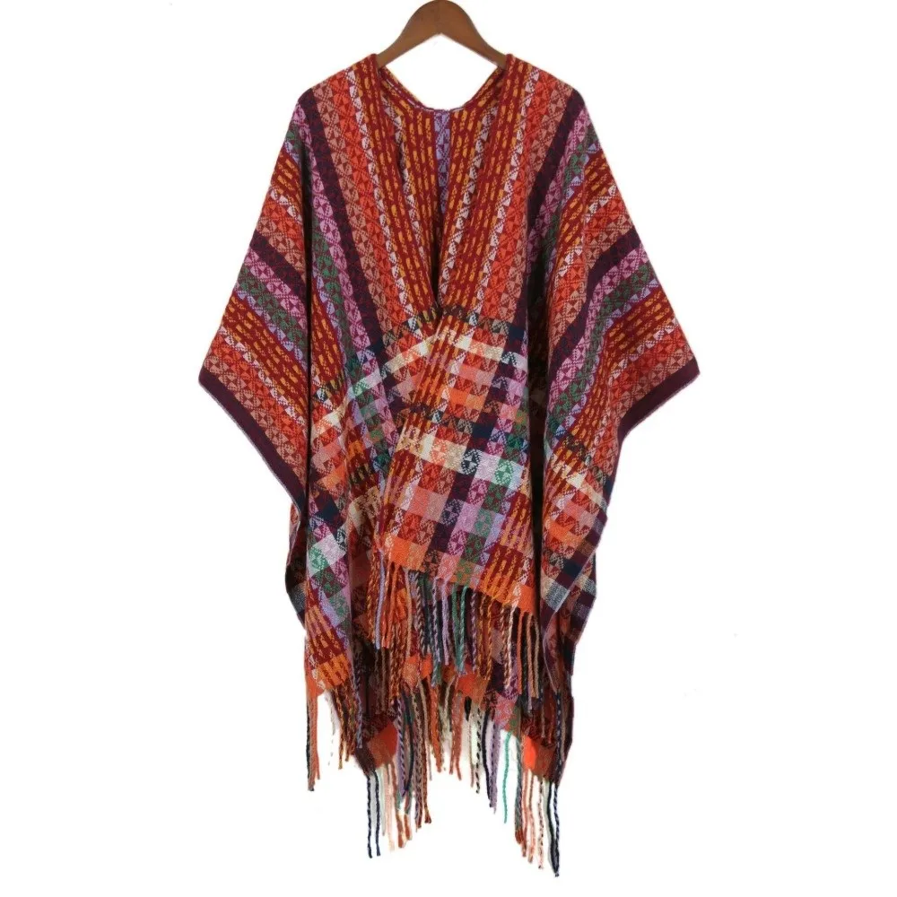 Fashion Bohemian Mongolian Poncho Gradient Color Ethnic Style Stripe Tassel Shawl Keep Warm Knitting Wrap Cloak for Women