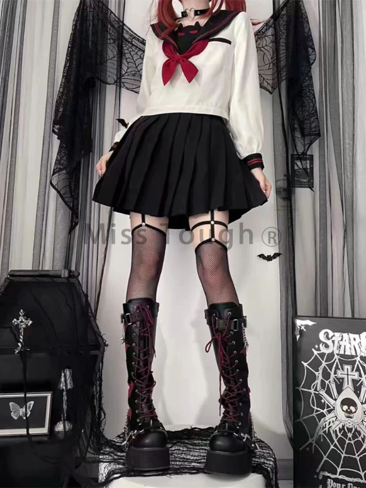 Sommer japanische adrette Stil 2 Stück Set Frauen drucken Bogen Top Plissee Minirock weiblich y2k Mode schick jk Streetwear Anzug neu