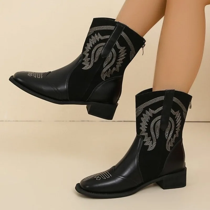 Spring and Fall New Style Fashion Pointy Solid Color Women's Mid-calf Boot with Mid-heel Sleeves Embroidered Western Cowboy Boot