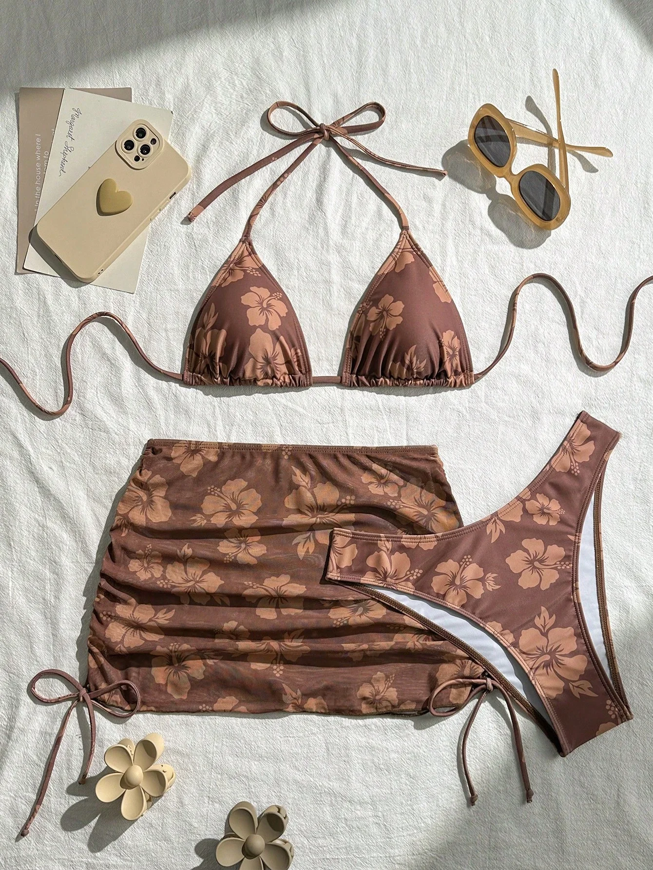 

Brown Floral Print 3-Piece Swimsuit Set With Tie-Front Bikini Top And Ruched Skirt Cover-Up