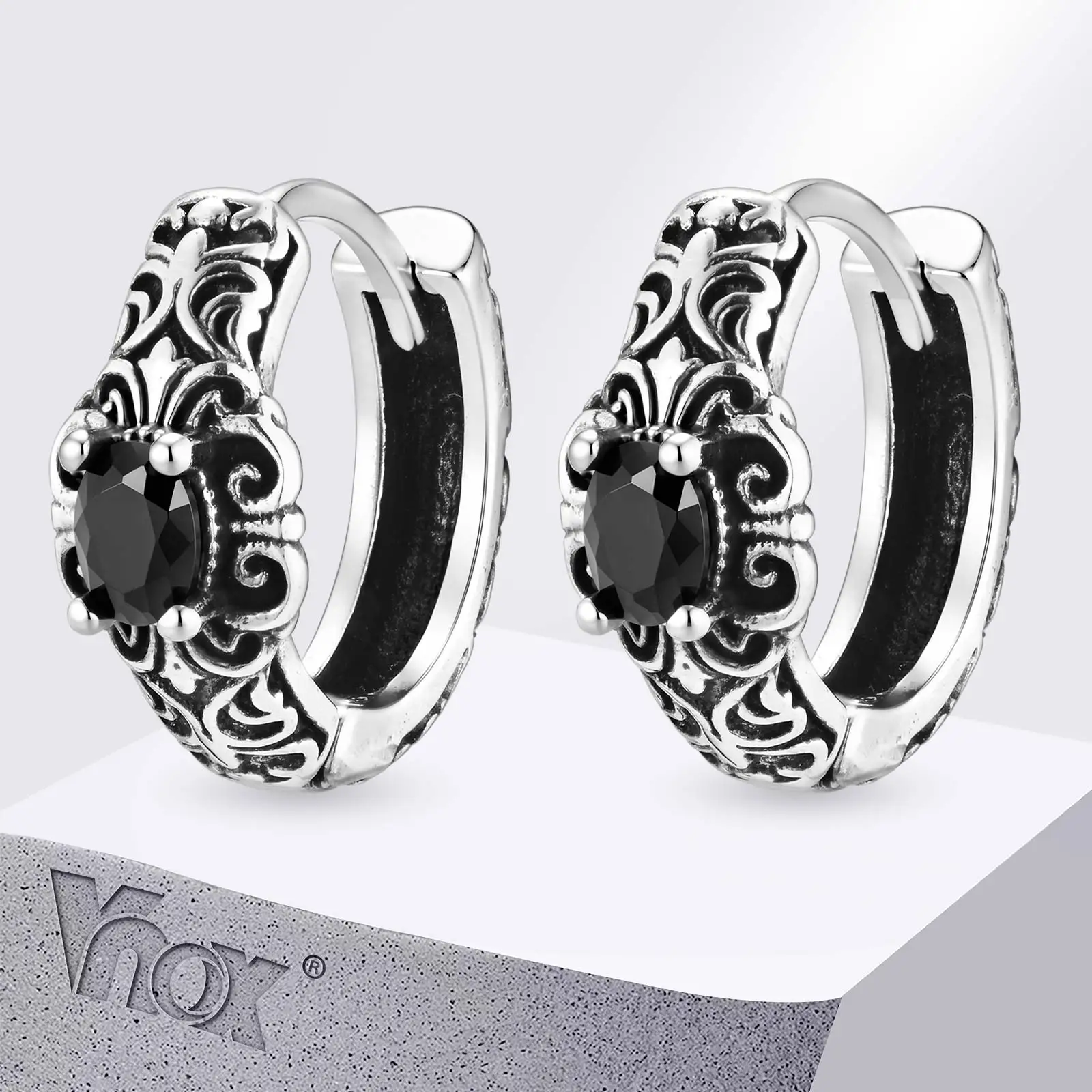 Vnox Mens Black Zircon Huggie Hoop Earrings, Antique Carved Copper Ear Buckle, Retro Gothic Punk Ear Jewelry for Men Male Gift