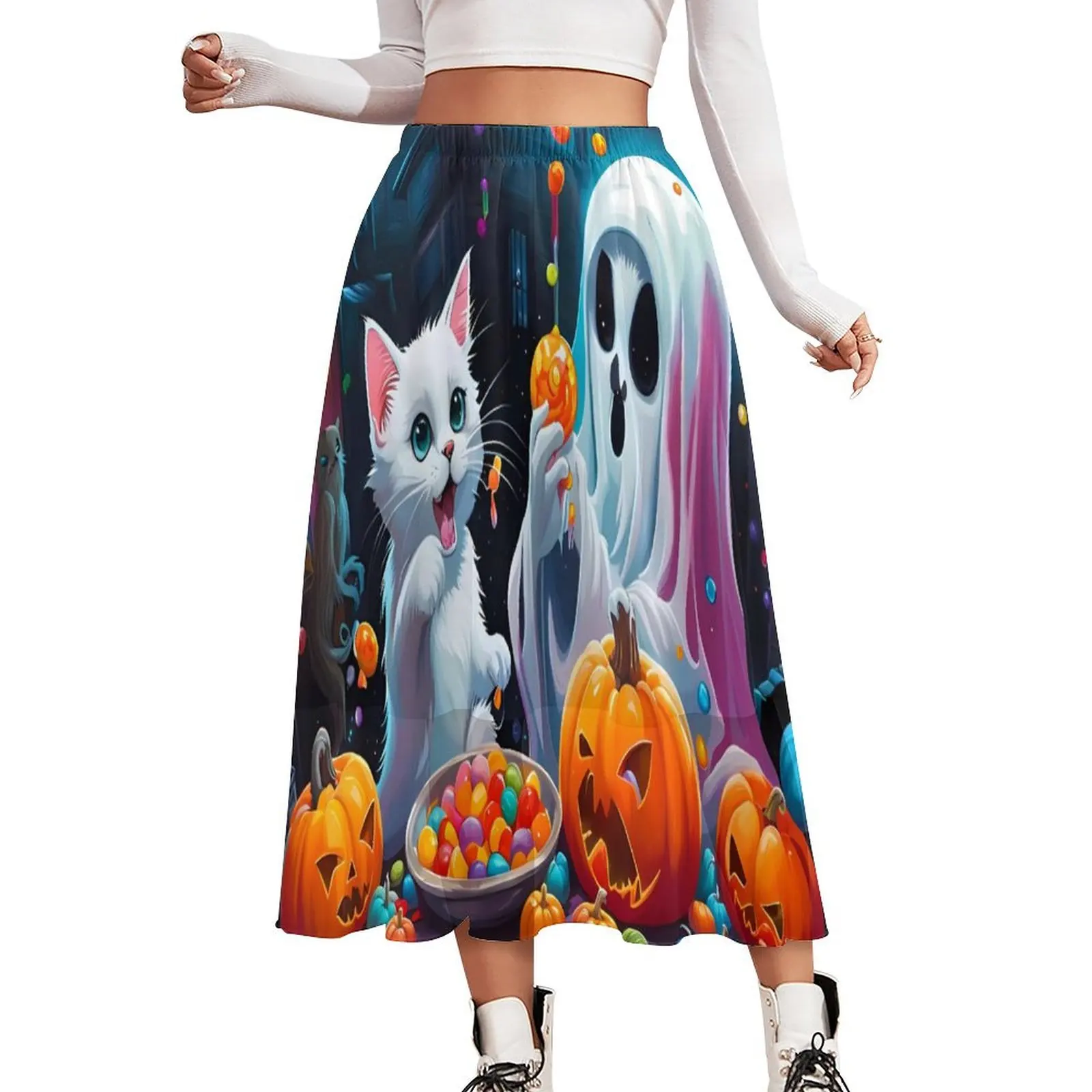 

Ghost Kitten Skirt Pumpkin Candy Halloween Vintage Boho Skirts Summer Y2K Elastic Waist Chiffon Custom Oversize A-line Skirt