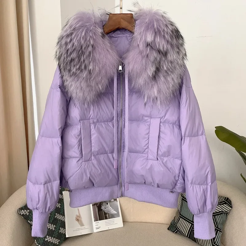 

Winter Women's Clothing Zippers Warm Short Parkas Removable Raccoon Fur Collar Female Loose Thickened White Duck Down Jacket