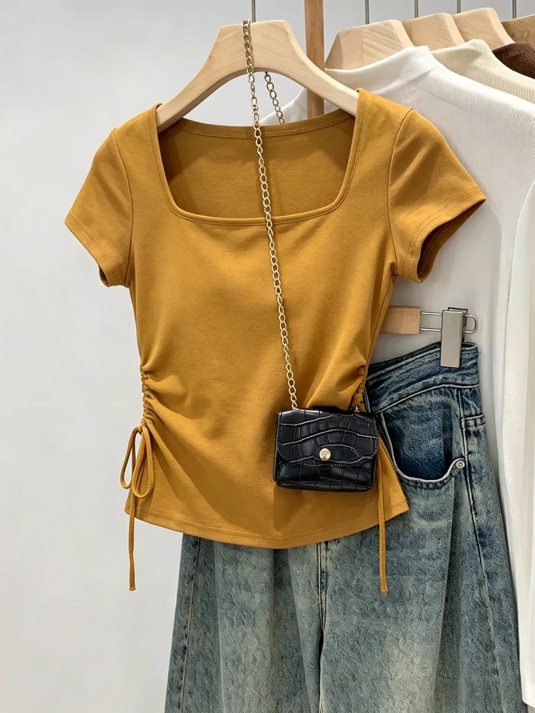 Summer Pumpkin Color Square Collar Short Sleeve T-Shirt Women's New plus Size Drawstring Waist Slimming Top Cotton 95% Elasti...
