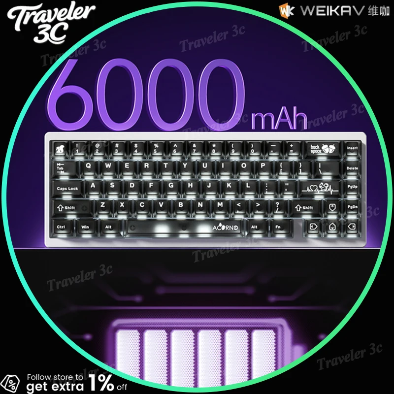 

Sales WEIKAV Nut65 Aluminum Alloy Mechanical Keyboard Kit Quick Release Hot Swap Gasket 220 Mesh CNC 6000mAh VIA QMK RGB Light
