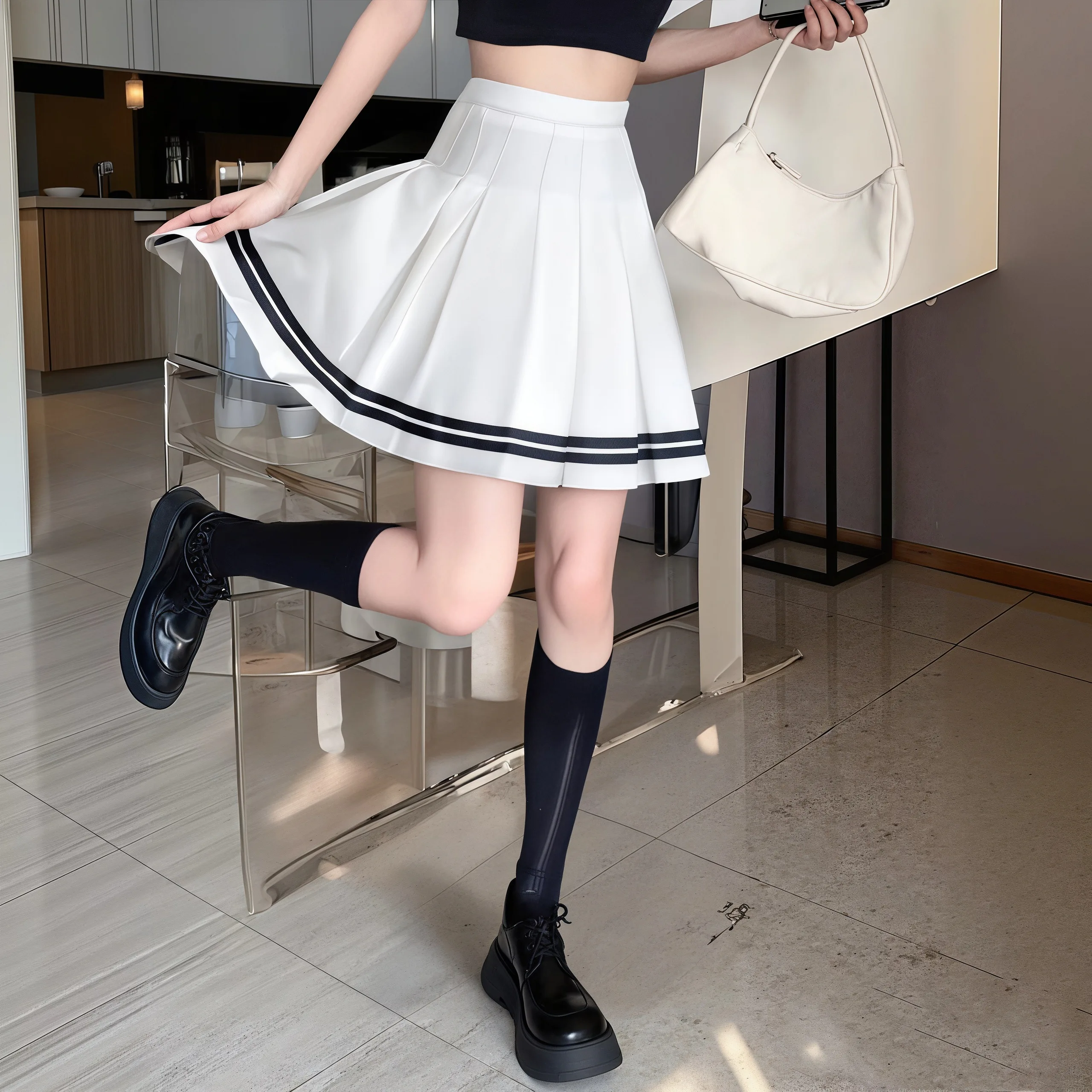 Women High Waist Pleated Mini Skirt Black Stripe Trim Hem A‑Line Preppy Style JK Uniform Short Skirt With Liner Shorts