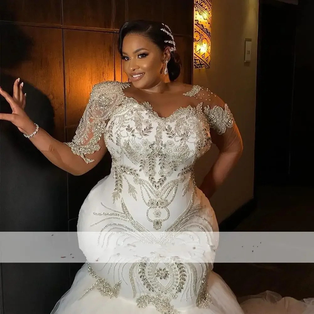 Customized Charming O-Neck Shinny Crystals Bead Wedding Dress Sweep Train African Long Sleeves Plus Size Bridal Gowns Vestid