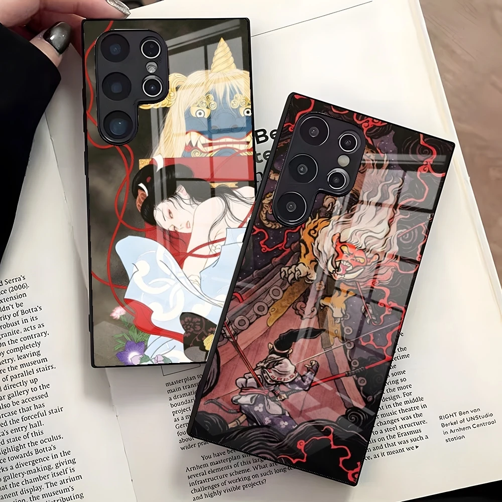 Funda de teléfono con figura de bestia mítica japonesa Ukiyo E para Samsung S26 Ultra S25 S23 S22 S21 S20 Ultra Plus S24 Fe A37 A57 A17 de vidrio