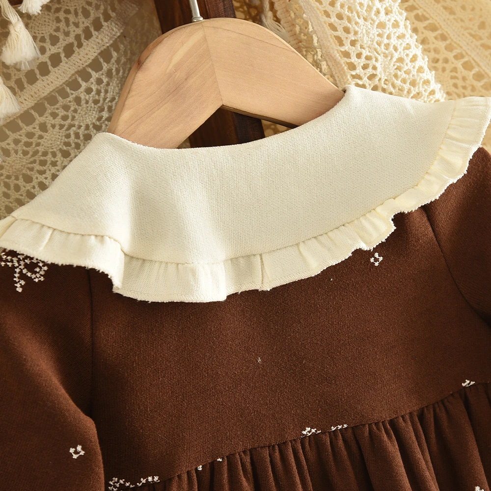 Braunes Schleifenkleid mit langen Ärmeln für Babymädchen, Herbstmode, neue Partykleider für Mädchen, niedlicher Puppenkragen, Freizeitkleidung – Detail 26