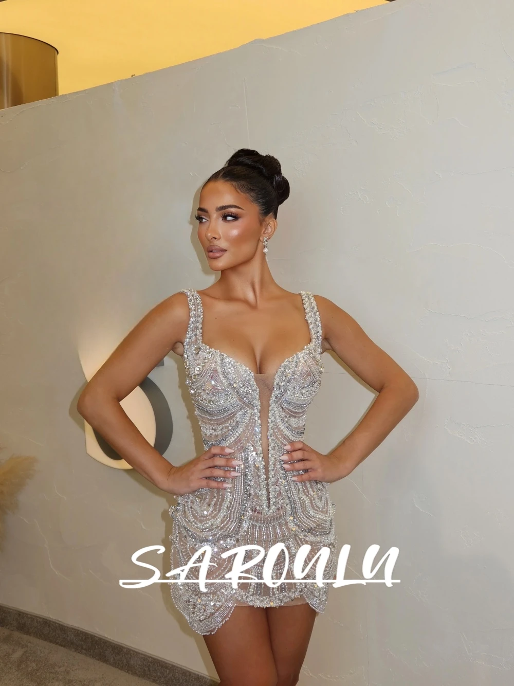 

Shimmering Pearls Short Evening Dress Customized For Galas Sexy Beads Sleeveless Dainty Wedding Party Gown New Arrival