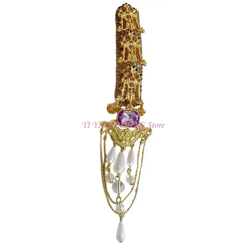 

N5KF Handmade Golden Fringe Headdress Fashion Tassels and Faux Pearls Hair Clip Hair Accessory for Elegant and Stylish Women