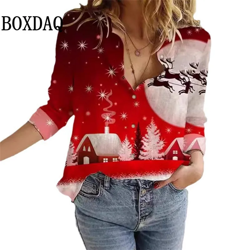 New 2024 Women\'s Blouses Christmas 3D Printed Shirts Autumn Winter Fashion Long Sleeve Funny Cute Santa Claus Casual Button Tops