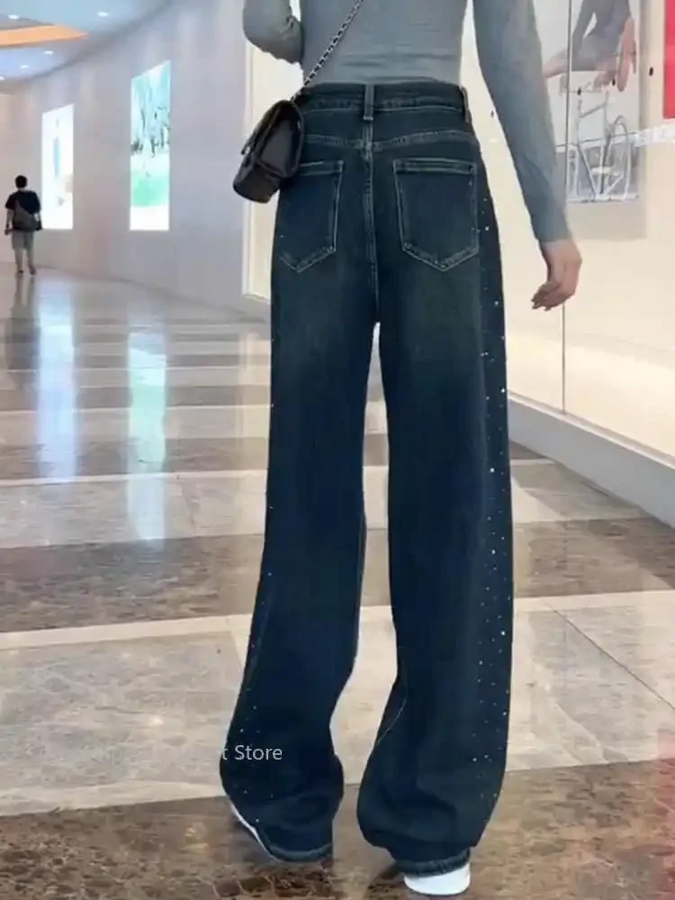 Retro Heavy Industry Diamond Hot Stamping Jeans for Women's Autumn Winter  High Waist Loose Slimming  Wide Leg Floor Pants