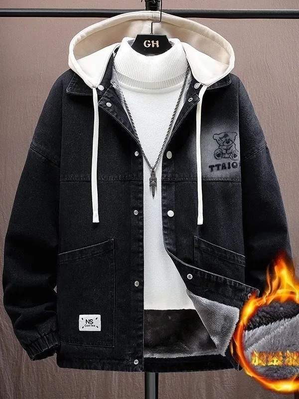

Men's Fce Lined Thiened Denim Jaet Autumn Winter New Sle Trendy Hooded Top Youth Wear Resistant Long Sve Printed ...