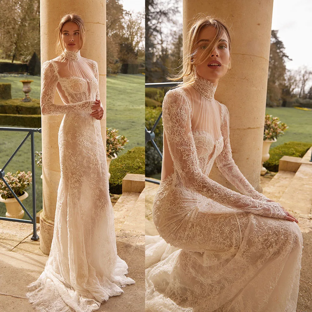 Роскошные свадебные платья русалки с высоким воротником и длинными рукавами, дизайнерские свадебные платья с открытой спиной и скользящим шлейфом на заказ Robe De Mariée