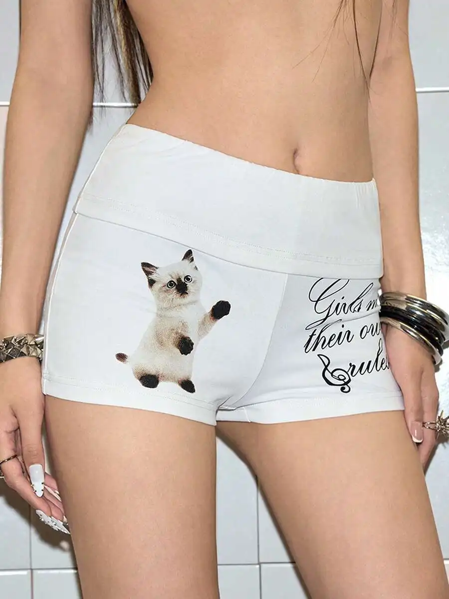 

Casual Women Shorts With Cat Print And Letter Design