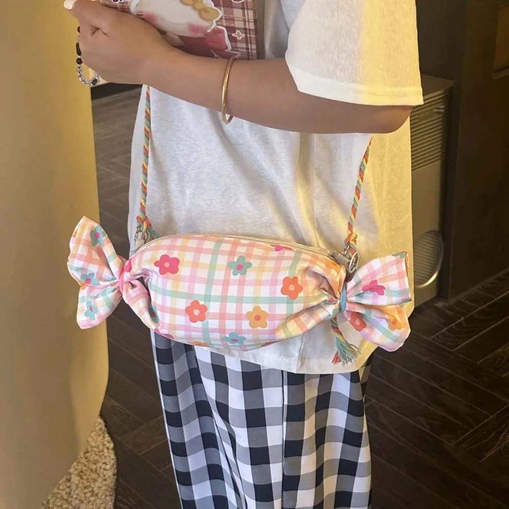 

Sweet Candy Design Shoulder Bag Flower Canvas Sugar Shaped Crossbody Bag Macaron Color Portable Creative Bundle Pocket Women