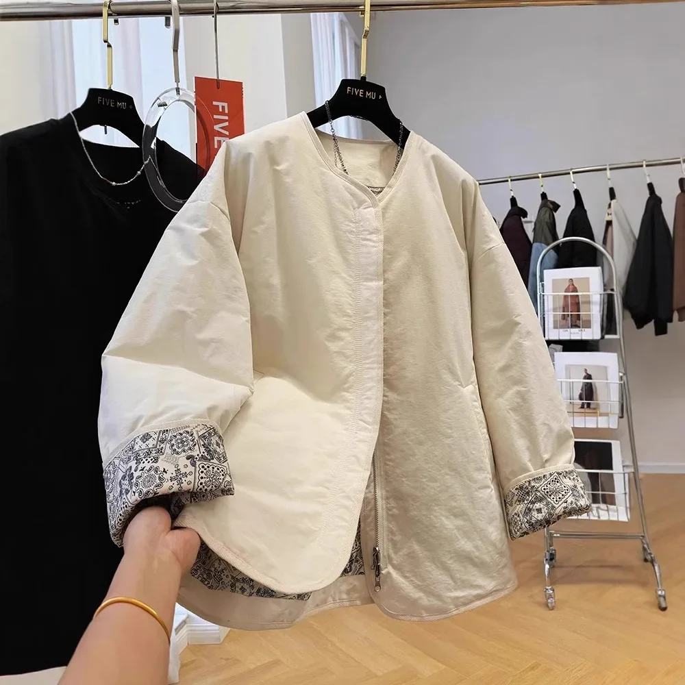 

Retro Chic Unique Round Neck Cotton-padded Jacket Women's Autumn and Winter New High-grade Solid Color Relaxed Casual Coat