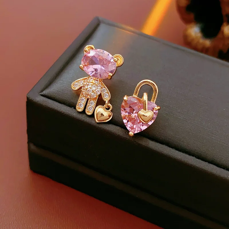 925 Silver Needle Zircon Bear Love Earrings for Women High-end Asymmetric Stud Earring Fashionable Versatile Sweet Jewelry