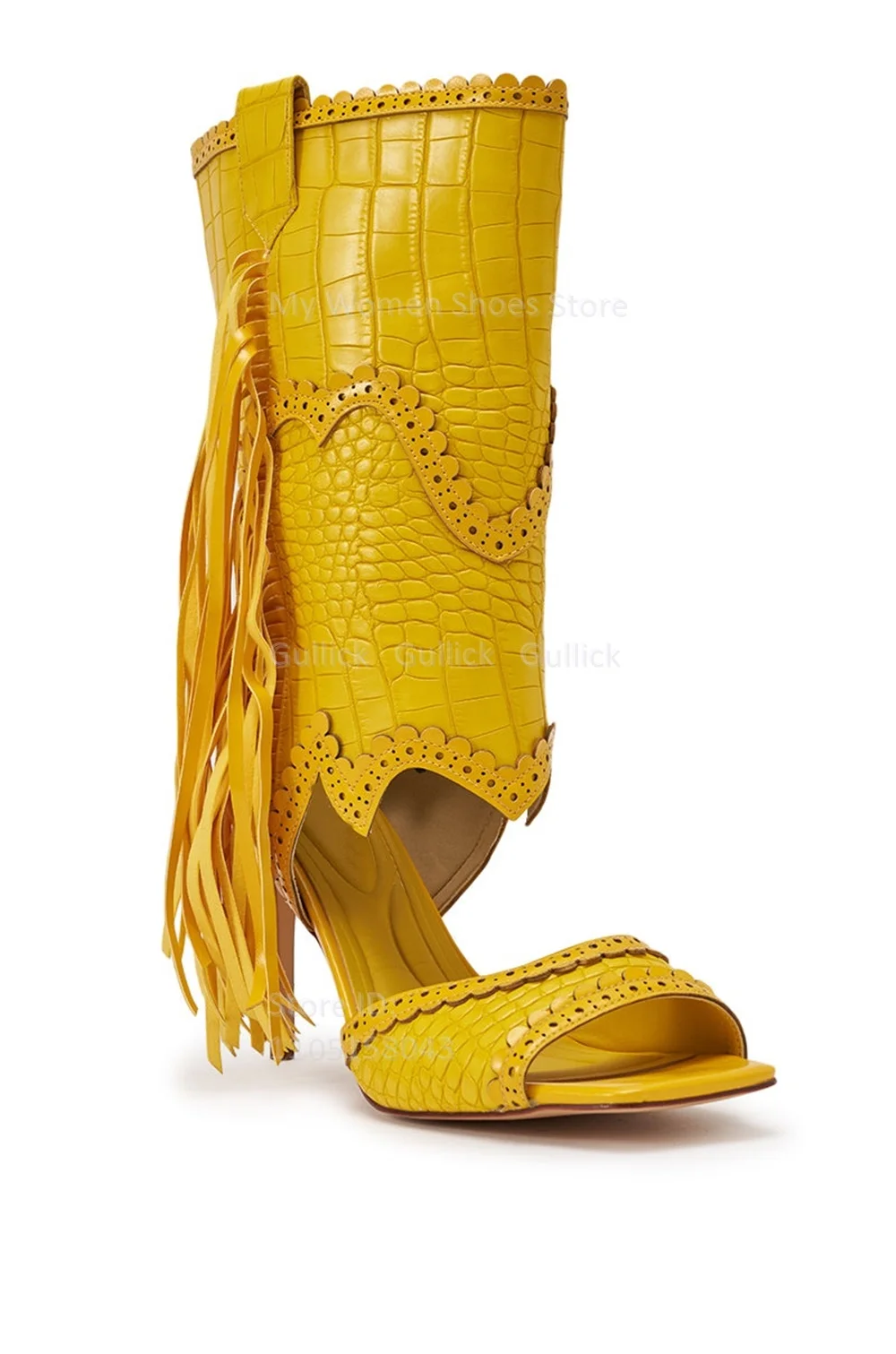 Fringe Yellow Stone Pattern Summer Boots Mid Calf Cut Out Ziiper Custom Made 2026 Autumn Winter Dress Footwear Thin High Heels view 5