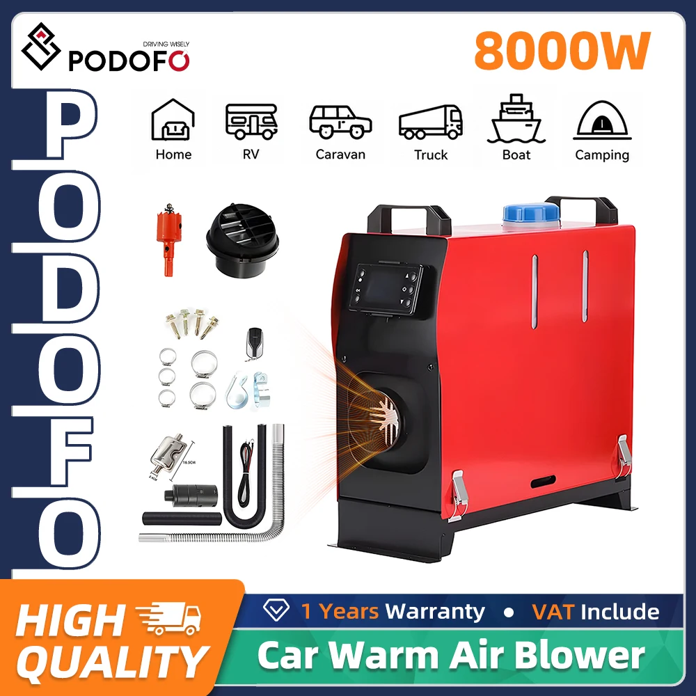Chauffage d'appoint diesel Podofo 8KW 12V avec écran LCD numérique et télécommande – Machine de chauffage diesel autonome efficace, faible bruit, équipement à air chaud pour camion, camping-car, bateau, caravane, cabane d'hiver, outil de maintenance