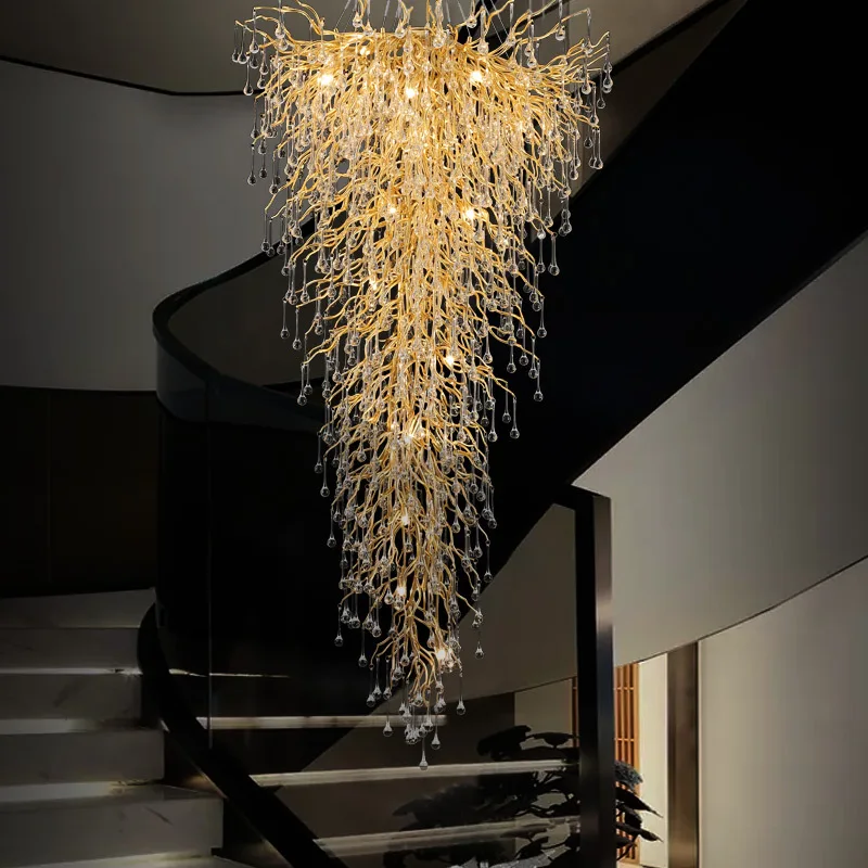 Luxury Gold Crystal Ceiling Chandelier For Stairscase Villa Bedroom Living Room Led Ceiling Chandeliers For Dining Room Kitchen