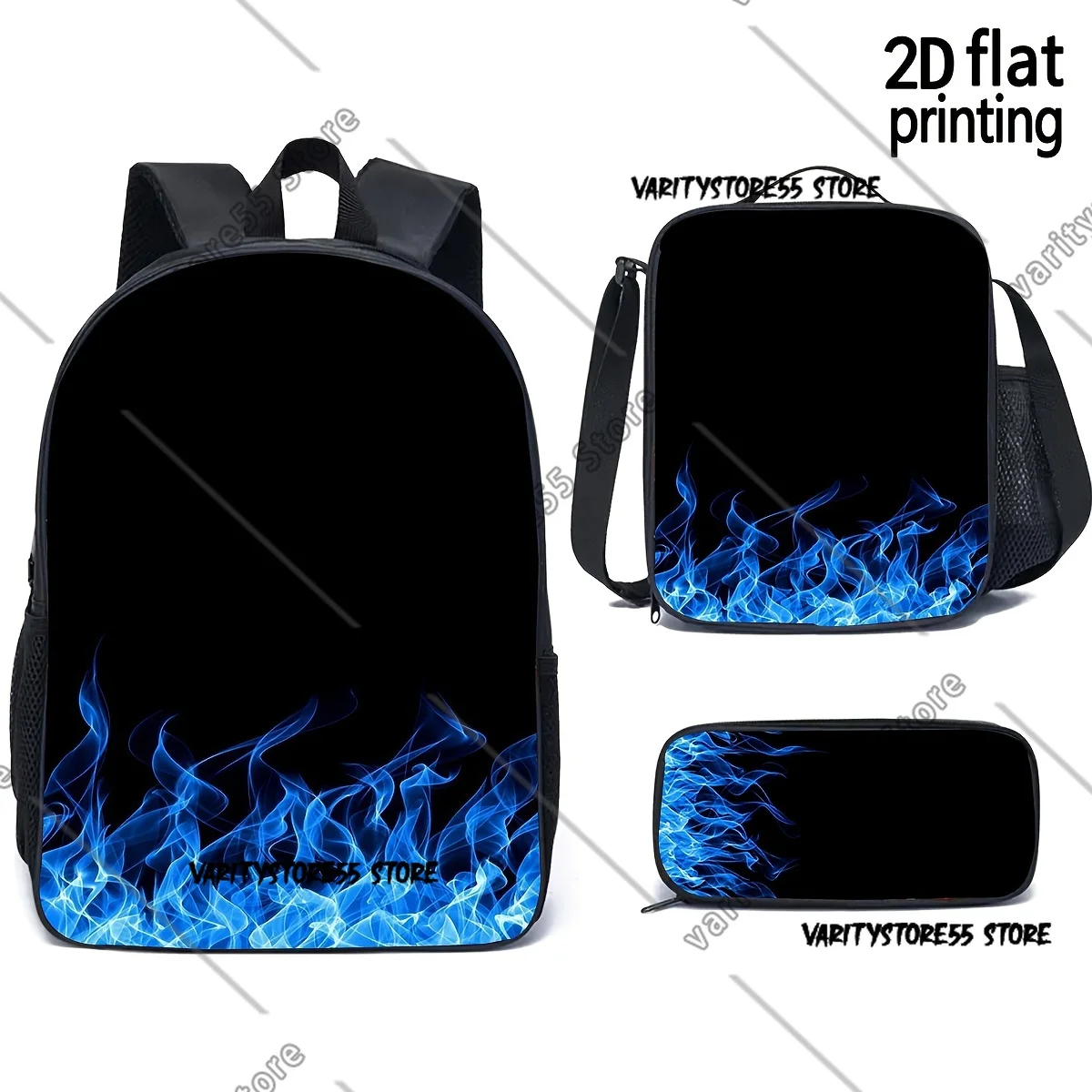 Blue Flames Backpack Student Boys Girls BookBag School Bag Laptop Shoulder Bags 3ps Insulated Lunch Bag Pencil Case