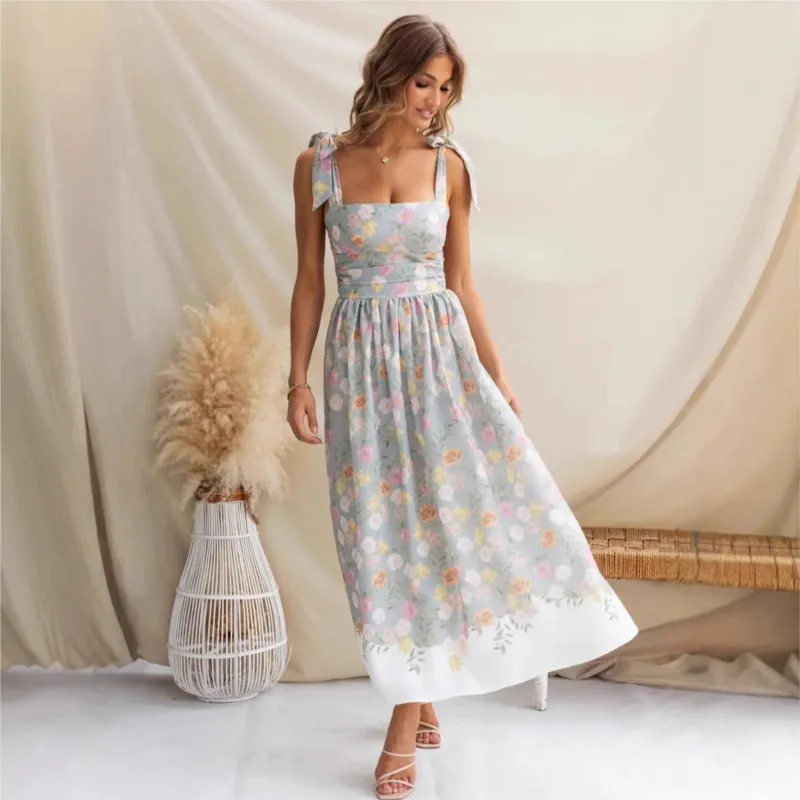 

Summer Elegant Sleeveless Flower Print Dresses Bow Suspender Square Collar High Waist Loose Hollow Off Shoulder Beach Long Dress