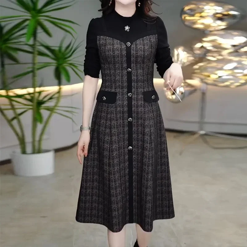 

Spring Autumn Women Large Size 4XL Patchwork Vestidos Korean Ladies Round Neck Maxi Dress Feminine Fake Two Pieces Long Dresses