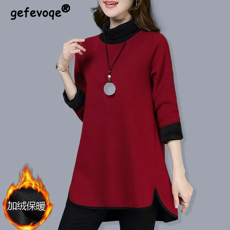 Jersey holgado de manga larga con cuello alto para mujer, sudadera gruesa de felpa Irregular, moda Coreana de invierno