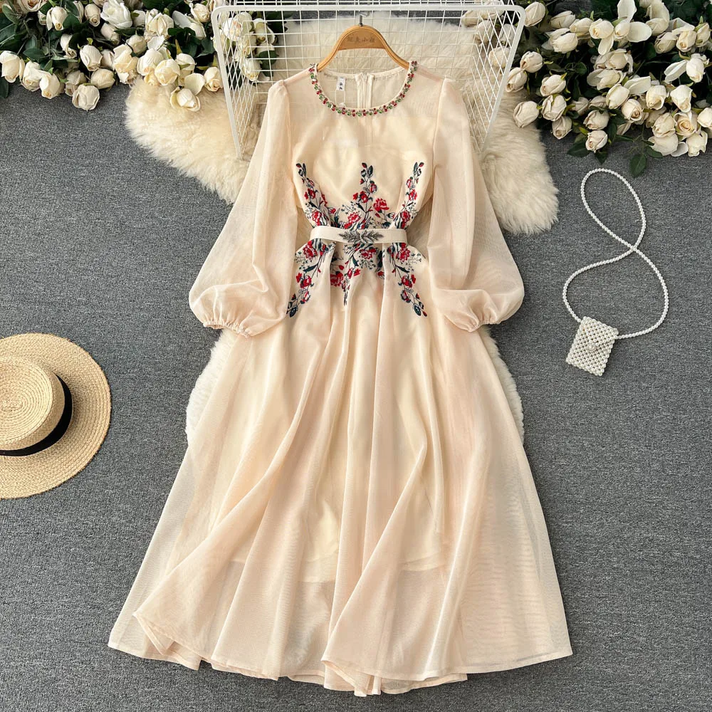 Heavy Industry Embroidery Mesh Beaded Long Sleeve Dress for Women's Autumn New High End Fashion Celebrity Fairy Skirt Long Skirt