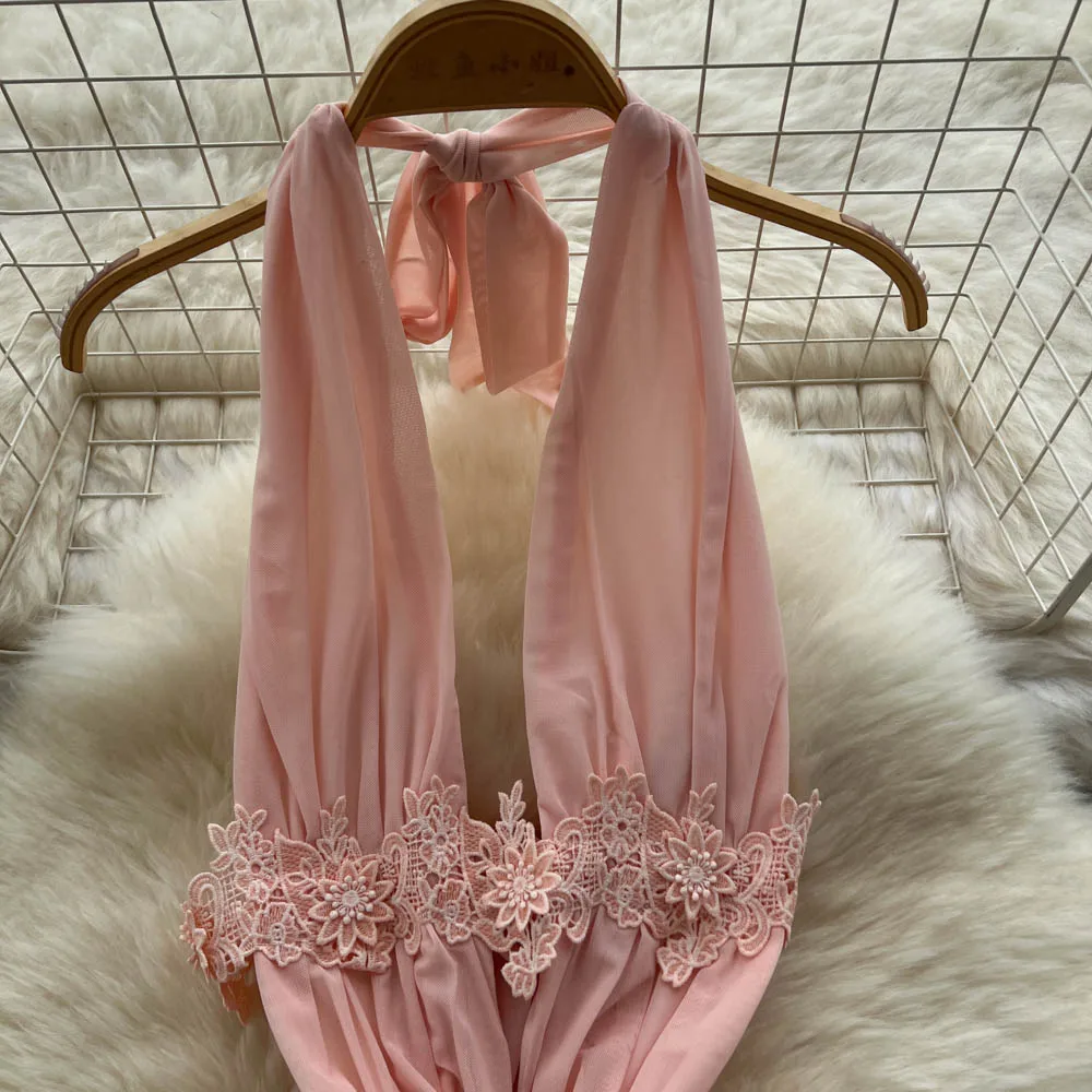 Chic vintage backless V-neck mesh sleeveless Elegant Fairy korean fashion Boho Sundress women clothing dress