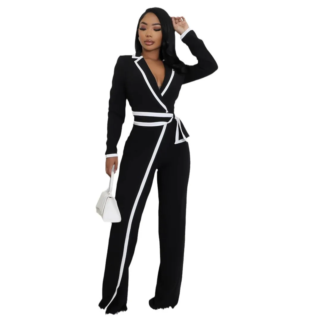 2026 Women's Autumn/Winter New Style Two-tone Spliced Long-sleeved Jumpsuit with Belt Design - Stylish and Elegant