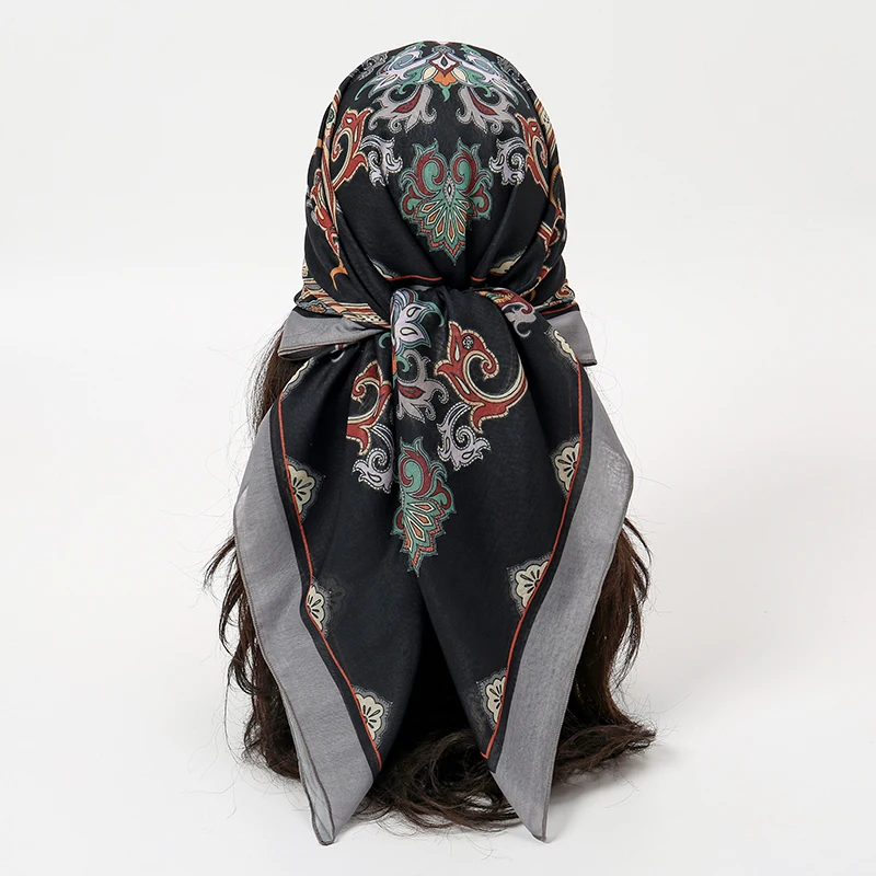 Summer Beach Women Hijab 90*90cm Square Scarf Turkey Yarn Retro Print Kerchief Scarves Lady Shawl Luxury Wrap Fashion