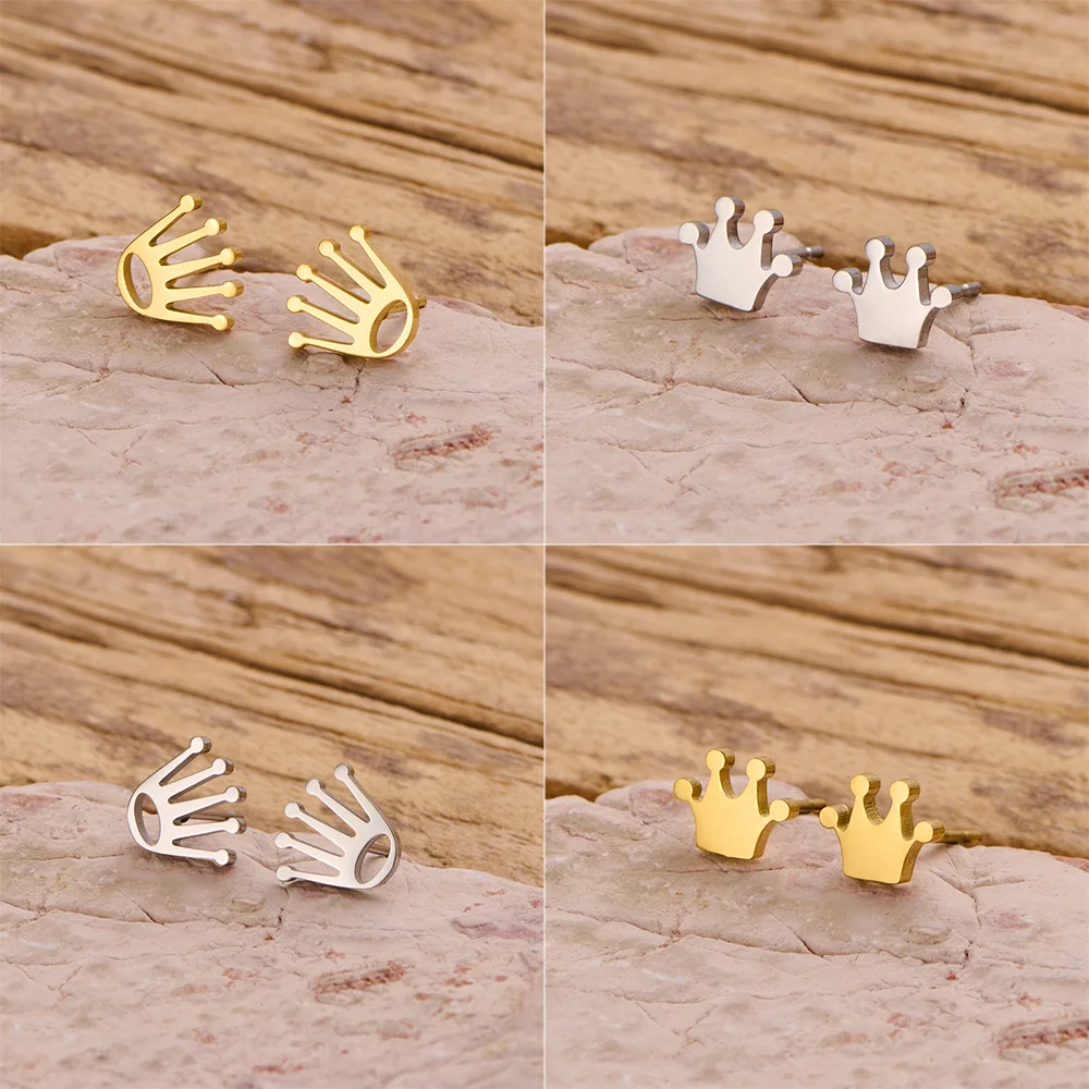 Shuangshuo 1 Pair Kingdom Crown Earrings Simple Trendy Crown Stud Earrings For Women Jewelry Stainless Steel Accessories Gifts