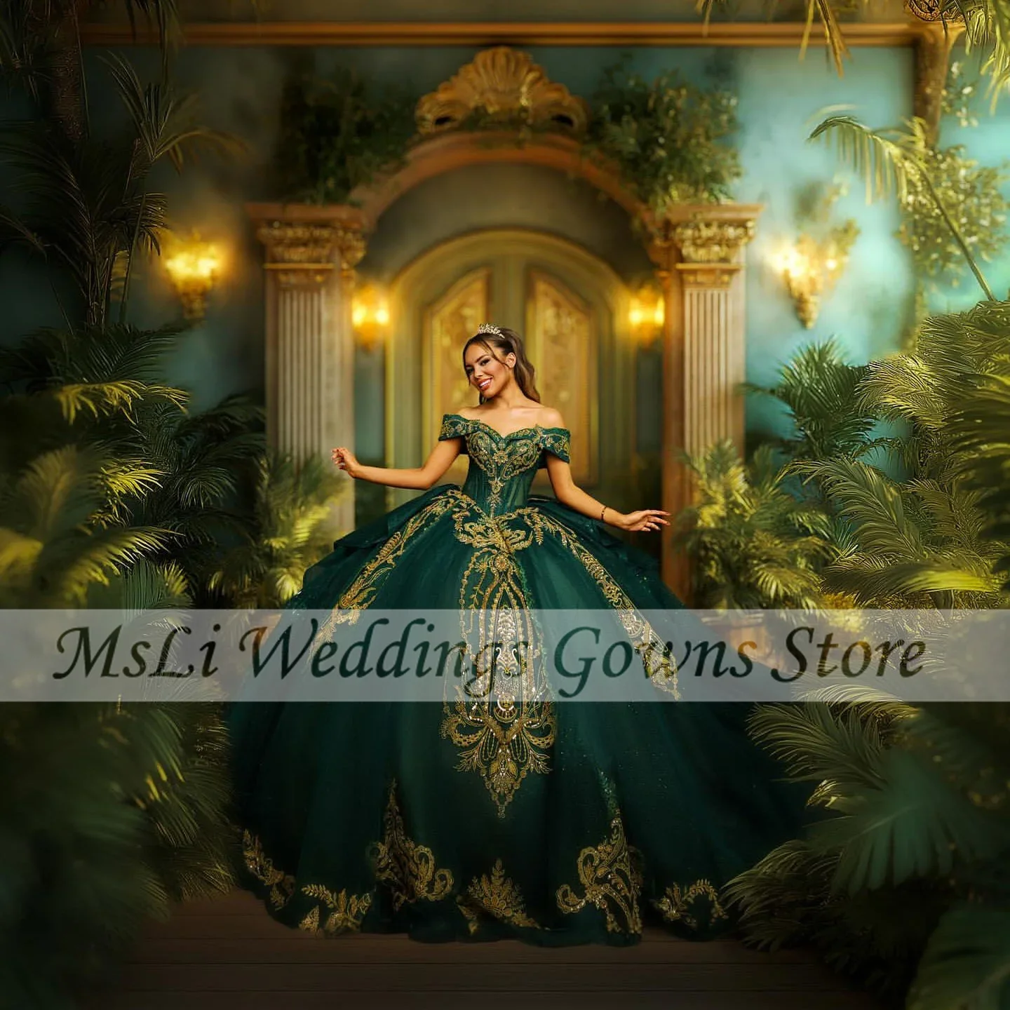 

Emerald Green Quinceanera Dress Ball Gown Appliques Off The Shoulder Elegant Birthday Party Gowns 15 16 Sweet Dresses Customized