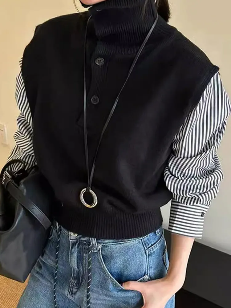 Svel Gestrickte Weste Top Abnehmen Casual Faion Lange Sve Layering Vielseitige Koreanische Sle Pendeln Sle Splicing Design